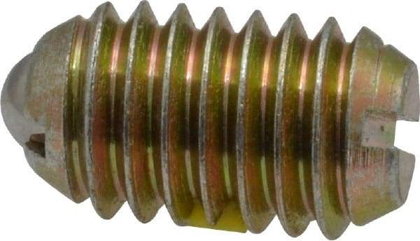 Vlier - 3/8-16, 0.188" Ball Diam, 0.625" Body Length, 0.048" Max Ball Reach, Threaded Ball Plunger - Steel Body, Steel Ball, 6 Lb Initial End Force, 21 Lb Final End Force, Locking Element - Exact Tool & Supply