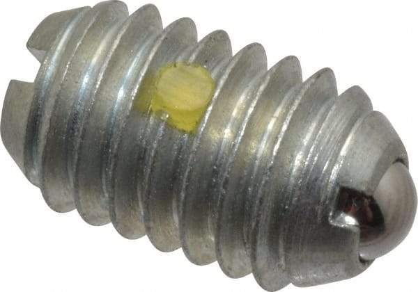 Vlier - 3/8-16, 0.188" Ball Diam, 0.625" Body Length, 0.048" Max Ball Reach, Threaded Ball Plunger - Steel Body, Steel Ball, 2.5 Lb Initial End Force, 5 Lb Final End Force, Locking Element - Exact Tool & Supply