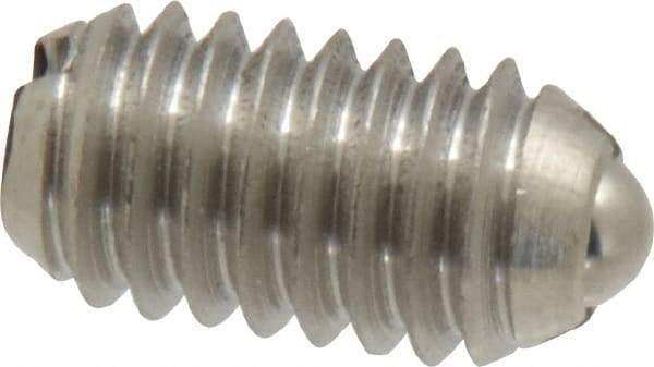 Vlier - 5/16-18, 0.156" Ball Diam, 0.578" Body Length, 0.04" Max Ball Reach, Threaded Ball Plunger - Stainless Steel Body, Stainless Steel Ball, 4 Lb Initial End Force, 9 Lb Final End Force - Exact Tool & Supply