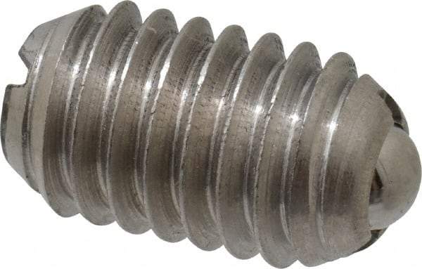 Vlier - 3/8-16, 0.188" Ball Diam, 0.625" Body Length, 0.048" Max Ball Reach, Threaded Ball Plunger - Stainless Steel Body, Stainless Steel Ball, 5 Lb Initial End Force, 10 Lb Final End Force, Locking Element - Exact Tool & Supply
