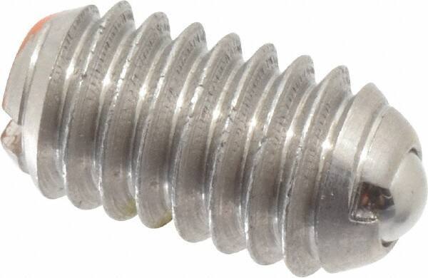 Vlier - 5/16-18, 0.156" Ball Diam, 0.578" Body Length, 0.04" Max Ball Reach, Threaded Ball Plunger - Stainless Steel Body, Stainless Steel Ball, 6 Lb Initial End Force, 17 Lb Final End Force, Locking Element - Exact Tool & Supply