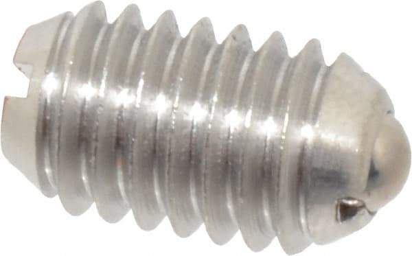 Vlier - 3/8-16, 0.188" Ball Diam, 0.625" Body Length, 0.048" Max Ball Reach, Threaded Ball Plunger - Stainless Steel Body, Stainless Steel Ball, 6 Lb Initial End Force, 21 Lb Final End Force - Exact Tool & Supply