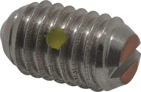 Vlier - 3/8-16, 0.188" Ball Diam, 0.625" Body Length, 0.048" Max Ball Reach, Threaded Ball Plunger - Stainless Steel Body, Stainless Steel Ball, 6 Lb Initial End Force, 21 Lb Final End Force, Locking Element - Exact Tool & Supply