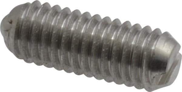 Vlier - 10-32, 0.094" Ball Diam, 0.513" Body Length, 0.025" Max Ball Reach, Threaded Ball Plunger - Stainless Steel Body, Stainless Steel Ball, 0.5 Lb Initial End Force, 1.5 Lb Final End Force - Exact Tool & Supply