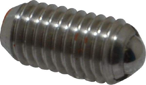 Vlier - M8x1.25, 5mm Ball Diam, 16mm Body Length, 1.5mm Max Ball Reach, Threaded Ball Plunger - Stainless Steel Body, Stainless Steel Ball, 9 Lb Initial End Force, 13.49 Lb Final End Force - Exact Tool & Supply