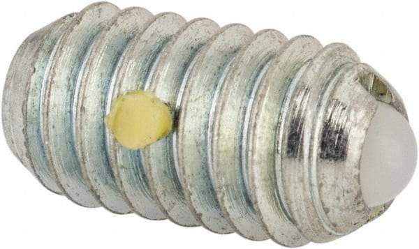 Vlier - 5/16-18, 0.156" Ball Diam, 0.578" Body Length, 0.04" Max Ball Reach, Threaded Ball Plunger - Steel Body, Nylon Ball, 2 Lb Initial End Force, 4.25 Lb Final End Force, Locking Element - Exact Tool & Supply