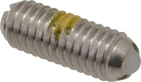 Vlier - 10-32, 0.094" Ball Diam, 0.513" Body Length, 0.025" Max Ball Reach, Threaded Ball Plunger - Stainless Steel Body, Nylon Ball, 0.5 Lb Initial End Force, 1.5 Lb Final End Force, Locking Element - Exact Tool & Supply