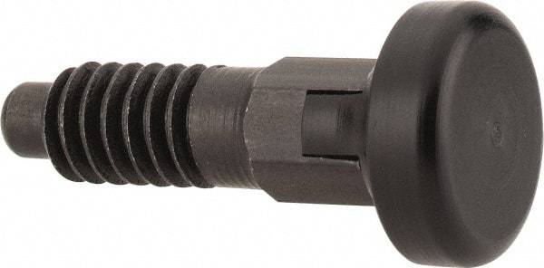 Vlier - M6x1.0, 13mm Thread Length, 0.118" Max Plunger Diam, 0.11 Lb Init to 0.34 Lb Final End Force, Locking Knob Handle Plunger - Delrin Knob, 0.63" Body Length, 1/2" Length Under Head/Shoulder, 0.118" Plunger Projection - Exact Tool & Supply