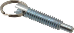 Vlier - 1/4-20, 0.8" Thread Length, 0.155" Plunger Diam, 1/4" Plunger Projection, 1 Lb Init to 2.5 Lb Final End Force, Steel Locking Pull Ring Plunger - 0.8" Len Under Head, 1.14" Body Len, 0.62" Ring Diam, 1.14" Plunger Len, 0.34" Head Height - Exact Tool & Supply