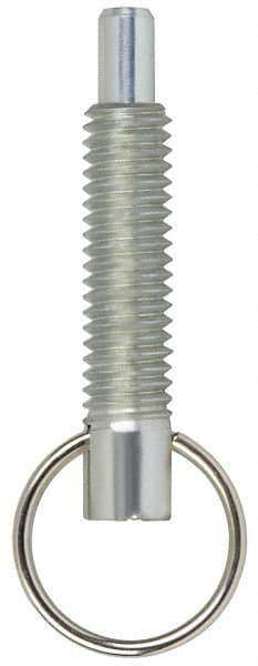 Vlier - M6x1.0, 0.8" Thread Length, 4mm Plunger Diam, 6.4mm Plunger Projection, 4.4 N Init to 11 N Final End Force, Steel Locking Pull Ring Plunger - 20.3mm Len Under Head, 29mm Body Len, 16mm Ring Diam, 1.1" Plunger Len, 0.3" Head Height, Locking Element - Exact Tool & Supply