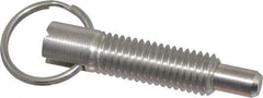 Vlier - 1/2-13, 1.4" Thread Length, 5/16" Plunger Diam, 1/2" Plunger Projection, 2.5 Lb Init to 5 Lb Final End Force, Stainless Steel Locking Pull Ring Plunger - 1.4" Len Under Head, 2" Body Len, 1.26" Ring Diam, 2" Plunger Len, 0.6" Head Height - Exact Tool & Supply