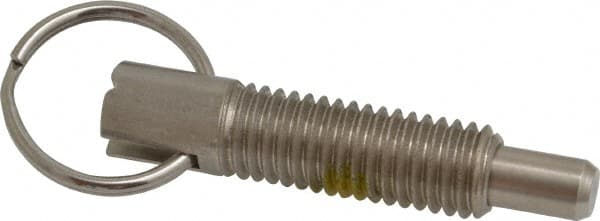 Vlier - 1/2-13, 1.4" Thread Length, 5/16" Plunger Diam, 1/2" Plunger Projection, 2.5 Lb Init to 5 Lb Final End Force, Stainless Steel Locking Pull Ring Plunger - Exact Tool & Supply