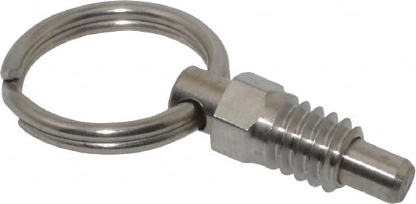 Vlier - 1/4-20, 0.31" Thread Length, 0.16" Plunger Diam, 0.19" Plunger Projection, 0.5 Lb Init to 2 Lb Final End Force, Stainless Steel Pull Ring Plunger - Exact Tool & Supply