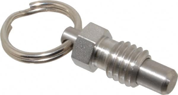 Vlier - 3/8-16, 0.31" Thread Length, 1/4" Plunger Diam, 0.28" Plunger Projection, 0.75 Lb Init to 3 Lb Final End Force, Stainless Steel Pull Ring Plunger - Exact Tool & Supply
