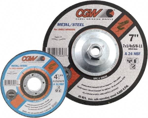 Camel Grinding Wheels - 24 Grit, 7" Wheel Diam, 1/4" Wheel Thickness, Type 27 Depressed Center Wheel - Coarse Grade, Aluminum Oxide, Resinoid Bond, 8,600 Max RPM - Exact Tool & Supply