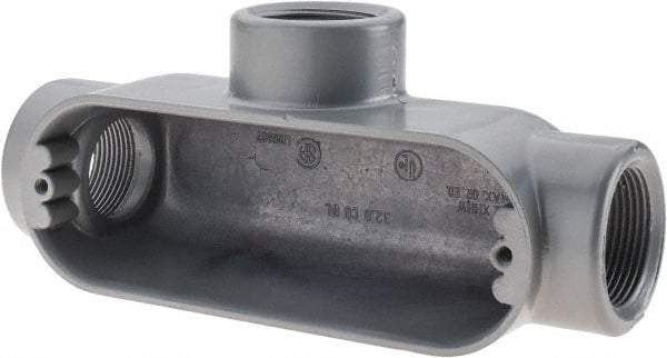 Thomas & Betts - T Body, 1-1/4" Trade, IMC, Rigid Aluminum Conduit Body - Oval, 7-7/8" OAL, 32 cc Capacity, Gray - Exact Tool & Supply
