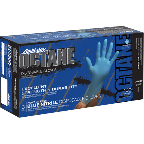 63-230PF/S Disposable Gloves - Ambi-Dex Octane Disposable Nitrile - 3 Mil Blue - Powder Free - Text Grip - Exact Tool & Supply
