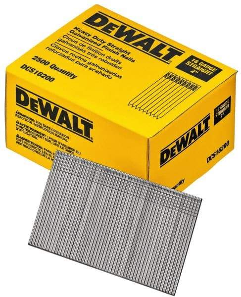 DeWALT - 16 Gauge 2" Long Finishing Nails for Power Nailers - Grade 2 Steel, Galvanized Finish, Straight Stick Collation - Exact Tool & Supply