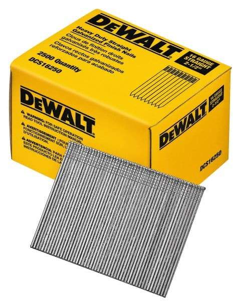 DeWALT - 16 Gauge 2-1/2" Long Finishing Nails for Power Nailers - Grade 2 Steel, Galvanized Finish, Straight Stick Collation - Exact Tool & Supply
