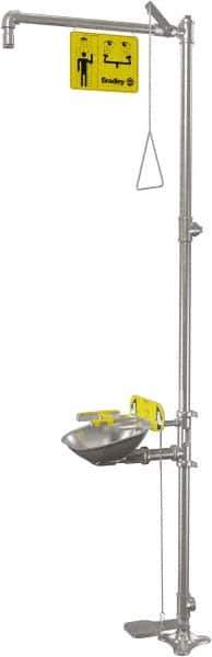 Bradley - 1-1/4" Inlet, 22 GPM shower Flow, Drench shower, Eye & Face Wash Station - Bowl, Triangular Pull Rod, Push Handle & Foot Pedal Activated, Stainless Steel Pipe, 316 Stainless Steel Shower Head, 5.1 GPM Bowl Flow, Corrosion Resistant - Exact Tool & Supply