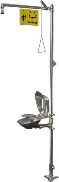 Bradley - 1-1/4" Inlet, 22 GPM shower Flow, Drench shower, Eye & Face Wash Station - Bowl with Hinged Dust Cover, Triangular Pull Rod & Push Handle Activated, Stainless Steel Pipe, Stainless Steel Shower Head, 5.1 GPM Bowl Flow, Corrosion Resistant - Exact Tool & Supply