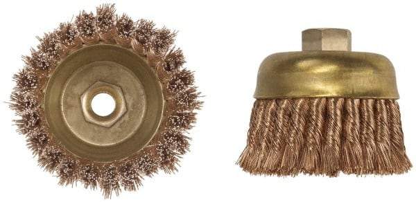 Ampco - 4" Diam, 5/8-11 Threaded Arbor, Bronze Phosphorus Fill Cup Brush - 0.02 Wire Diam, 1-1/2" Trim Length, 7,000 Max RPM - Exact Tool & Supply