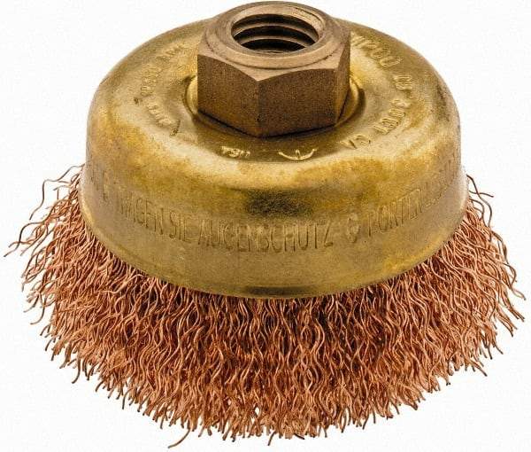 Ampco - 3" Diam, 5/8-11 Threaded Arbor, Bronze Phosphorus Fill Cup Brush - 0.014 Wire Diam, 0.88" Trim Length, 12,500 Max RPM - Exact Tool & Supply