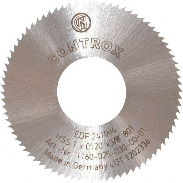 Controx - 1" Diam x 0.012" Blade Thickness x 3/8" Arbor Hole Diam, 80 Tooth Slitting and Slotting Saw - Arbor Connection, Right Hand, Uncoated, High Speed Steel, Concave Ground - Exact Tool & Supply