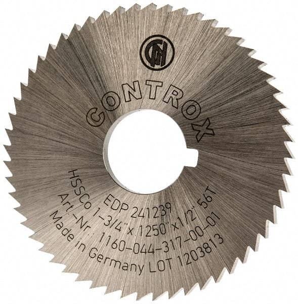 Controx - 1-3/4" Diam x 1/8" Blade Thickness x 1/2" Arbor Hole Diam, 56 Tooth Slitting and Slotting Saw - Arbor Connection, Right Hand, Uncoated, Cobalt, Concave Ground, Contains Keyway - Exact Tool & Supply