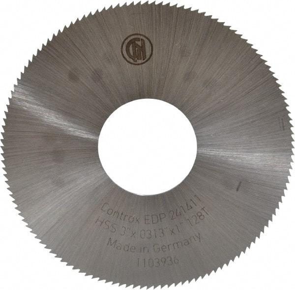 Controx - 3" Diam x 0.0313" Blade Thickness x 1" Arbor Hole Diam, 128 Tooth Slitting & Slotting Saw - Arbor Connection, Right Hand, Uncoated, M2 High Speed Steel, Concave Ground - Exact Tool & Supply