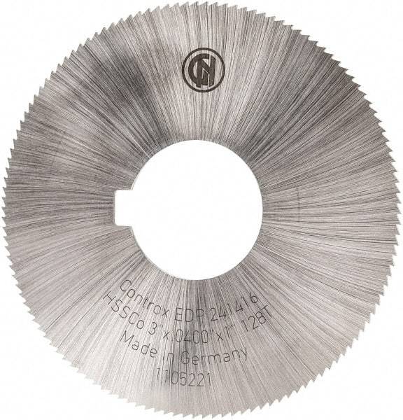 Controx - 3" Diam x 0.04" Blade Thickness x 1" Arbor Hole Diam, 128 Tooth Slitting and Slotting Saw - Arbor Connection, Right Hand, Uncoated, Cobalt, Concave Ground, Contains Keyway - Exact Tool & Supply