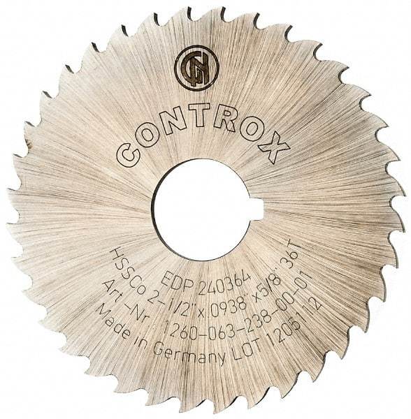 Controx - 2-1/2" Diam x 0.0938" Blade Thickness x 5/8" Arbor Hole Diam, 36 Tooth Slitting and Slotting Saw - Arbor Connection, Right Hand, Uncoated, Cobalt, 15° Rake, Concave Ground, Contains Keyway - Exact Tool & Supply
