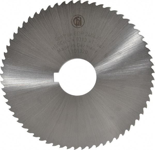 Controx - 4" Diam x 0.0313" Blade Thickness x 1" Arbor Hole Diam, 64 Tooth Slitting and Slotting Saw - Arbor Connection, Right Hand, Uncoated, Cobalt, 15° Rake, Concave Ground - Exact Tool & Supply