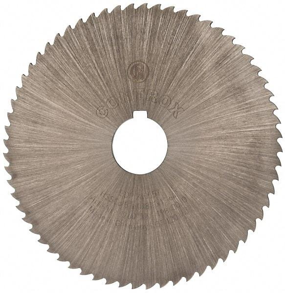 Controx - 5" Diam x 0.0781" Blade Thickness x 1" Arbor Hole Diam, 64 Tooth Slitting and Slotting Saw - Arbor Connection, Right Hand, Uncoated, Cobalt, 15° Rake, Concave Ground, Contains Keyway - Exact Tool & Supply