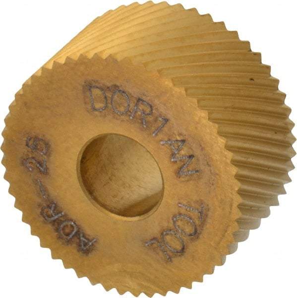 Dorian Tool - 3/4" Diam, 90° Tooth Angle, 25 TPI, Standard (Shape), Form Type High Speed Steel Right-Hand Diagonal Knurl Wheel - 3/8" Face Width, 1/4" Hole, Circular Pitch, 30° Helix, Bright Finish, Series A - Exact Tool & Supply