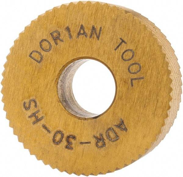 Dorian Tool - 3/4" Diam, 90° Tooth Angle, 30 TPI, Standard (Shape), Form Type High Speed Steel Right-Hand Diagonal Knurl Wheel - 3/8" Face Width, 1/4" Hole, Circular Pitch, 30° Helix, Bright Finish, Series A - Exact Tool & Supply