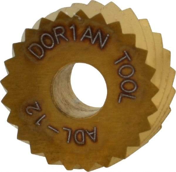 Dorian Tool - 3/4" Diam, 90° Tooth Angle, 12 TPI, Standard (Shape), Form Type High Speed Steel Left-Hand Diagonal Knurl Wheel - 3/8" Face Width, 1/4" Hole, Circular Pitch, 30° Helix, Bright Finish, Series A - Exact Tool & Supply