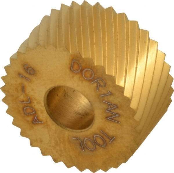 Dorian Tool - 3/4" Diam, 90° Tooth Angle, 16 TPI, Standard (Shape), Form Type High Speed Steel Left-Hand Diagonal Knurl Wheel - 3/8" Face Width, 1/4" Hole, Circular Pitch, 30° Helix, Bright Finish, Series A - Exact Tool & Supply