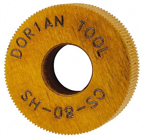 Dorian Tool - 1/2" Diam, 70° Tooth Angle, 80 TPI, Standard (Shape), Form Type High Speed Steel Straight Knurl Wheel - 3/16" Face Width, 3/16" Hole, Circular Pitch, Bright Finish, Series C - Exact Tool & Supply