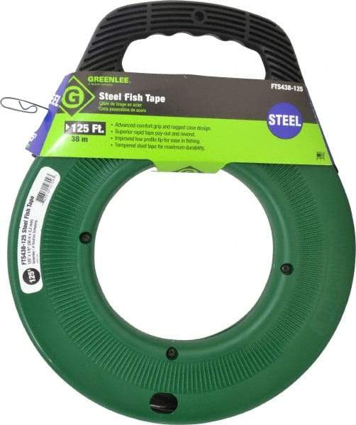 Greenlee - 125 Ft. Long x 1/8 Inch Wide, 0.045 Inch Thick, Steel Fish Tape - 400 Lb. Pulling Strength, Includes Case - Exact Tool & Supply