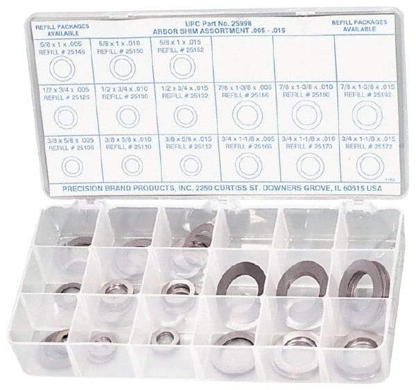 Precision Brand - 150 Piece, Steel Arbor Shim - 5/8 to 1-1/2 Inch Outside Diameter - Exact Tool & Supply