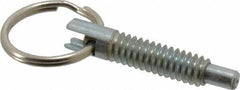 Gibraltar - 1/4-20, 0.8" Thread Length, 0.155" Plunger Diam, 1/4" Plunger Projection, 1 Lb Init to 2.5 Lb Final End Force, Steel Locking Pull Ring Plunger - 0.8" Len Under Head, 1.14" Body Len, 0.62" Ring Diam, 1.14" Plunger Len, 0.34" Head Height - Exact Tool & Supply