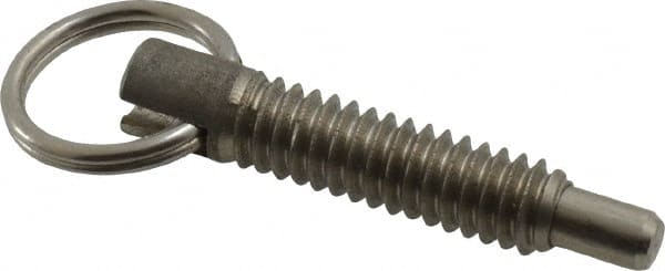 Gibraltar - 1/4-20, 0.8" Thread Length, 0.155" Plunger Diam, 1/4" Plunger Projection, 1 Lb Init to 2.5 Lb Final End Force, Stainless Steel Locking Pull Ring Plunger - Exact Tool & Supply