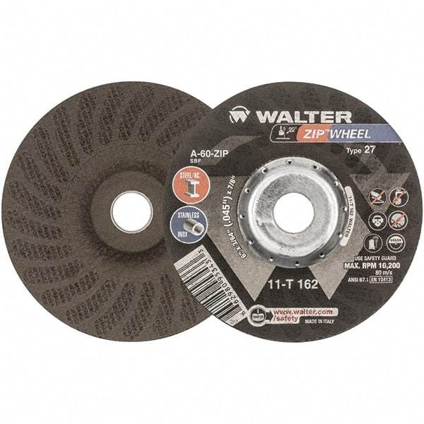 WALTER Surface Technologies - 60 Grit, 6" Wheel Diam, 3/64" Wheel Thickness, 7/8" Arbor Hole, Type 27 Depressed Center Wheel - Aluminum Oxide, Resinoid Bond, 10,200 Max RPM - Exact Tool & Supply