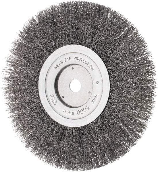 Weiler - 8" OD, 5/8" Arbor Hole, Crimped Steel Wheel Brush - 3/4" Face Width, 1-1/2" Trim Length, 0.014" Filament Diam, 4,500 RPM - Exact Tool & Supply