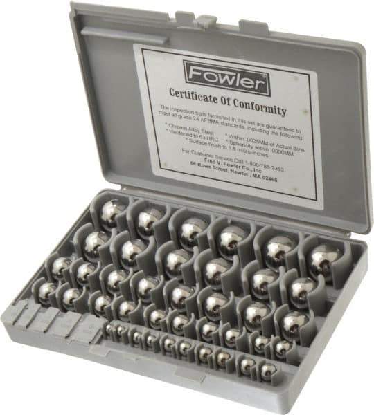 Fowler - to 1 to 25mm Diameter, Chrome Steel, Gage Ball Set - 0.0025 mm Tolerance, Grade 24 Accuracy, 63 RC Hardness, 25 Pairs - Exact Tool & Supply