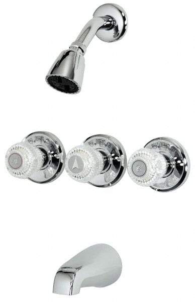 B&K Mueller - Concealed, Three Handle, Chrome Coated, Brass, Valve, Shower Head and Tub Faucet - Knob Handles, 8 Inch Mounting Centers, Acrylic Handles - Exact Tool & Supply