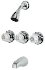 B&K Mueller - Concealed, Three Handle, Chrome Coated, Brass, Valve, Shower Head and Tub Faucet - Knob Handles, 8 Inch Mounting Centers, Acrylic Handles - Exact Tool & Supply