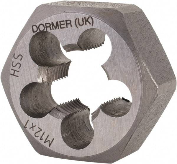 DORMER - M12x1.00 Metric Fine Thread, Right Hand Thread, Hex Rethreading Die - High Speed Steel, 7/16" Thick, Series F312 - Exact Tool & Supply