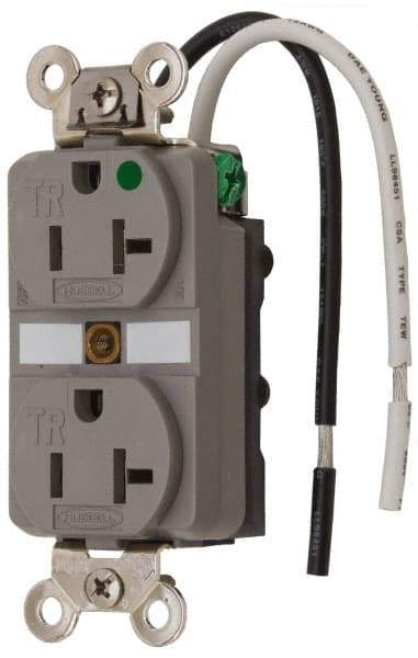 Hubbell Wiring Device-Kellems - 125 VAC, 20 Amp, 5-20R NEMA Configuration, Gray, Hospital Grade, Self Grounding Duplex Receptacle - 1 Phase, 2 Poles, 3 Wire, Flush Mount, Chemical, Corrosion and Impact Resistant, Tamper Resistant - Exact Tool & Supply